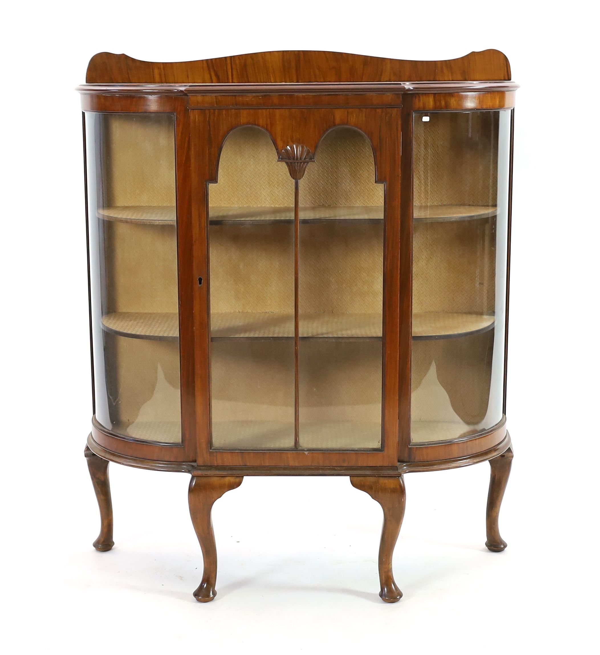 An early 20th century walnut bowfront display cabinet, width 106cm depth 38cm height 126cm